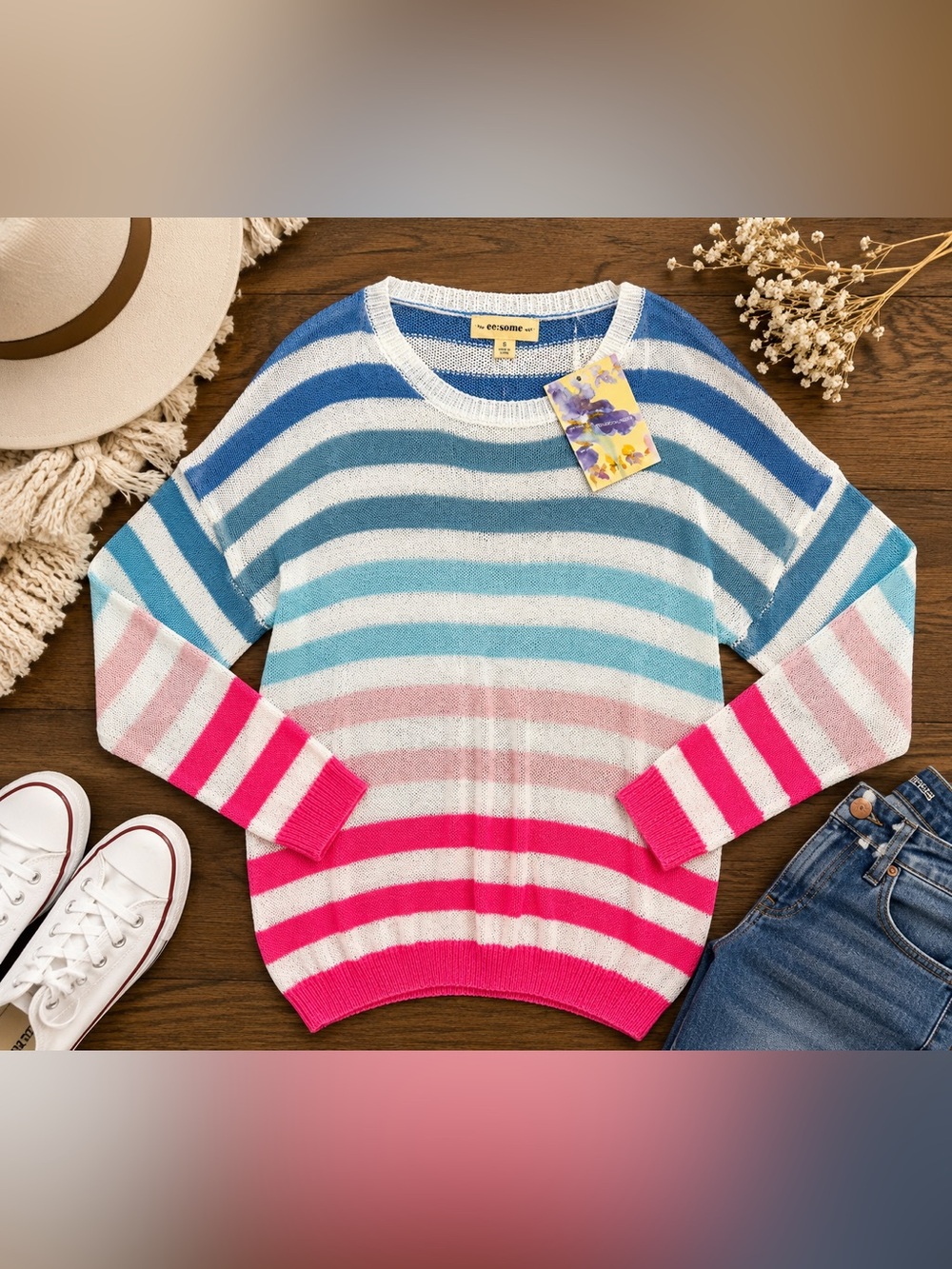 ee:some NWT Multicolor Striped Lightweight Knit Sweater Pink Blue S